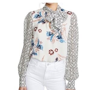 Joie Blouse Kanela Ivory Abstract Floral 100% Silk Long Puff Sleeve Blouse Sz s